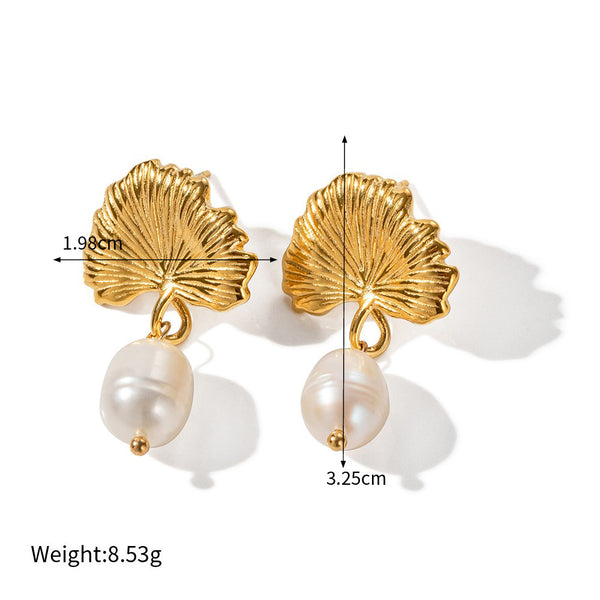 18K gold noble and elegant ginkgo with pearl design light luxury style earrings and necklace set - happyshop365247