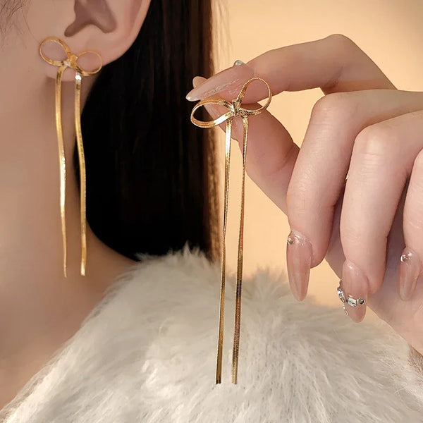 Stainless Steel Jewelry Wholesale Non-tarnish Herringbone Bow Earrings Hypoallergenic 18k Gold Plated Ribbon Bow Bowknot Earring - happyshop365247