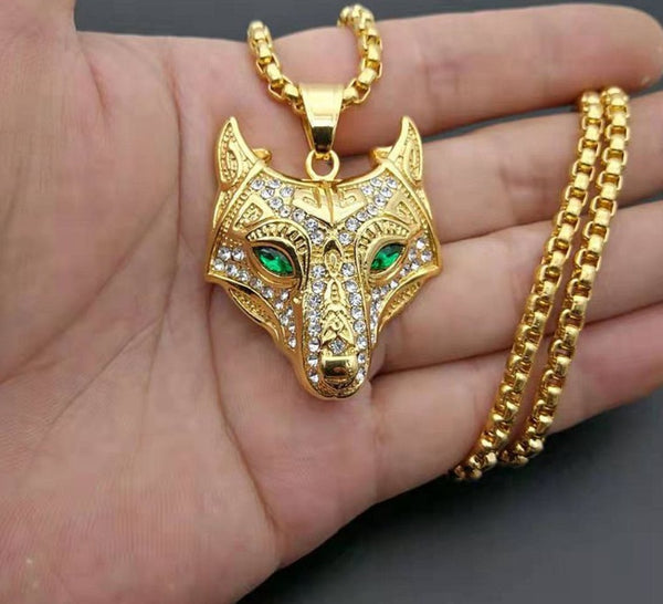 Men Stainless Steel Necklace Gold Color Viking Wolf Head Necklace Pendant With Chain Iced Out Norse Talisman Ethnic Jewelry - happyshop365247