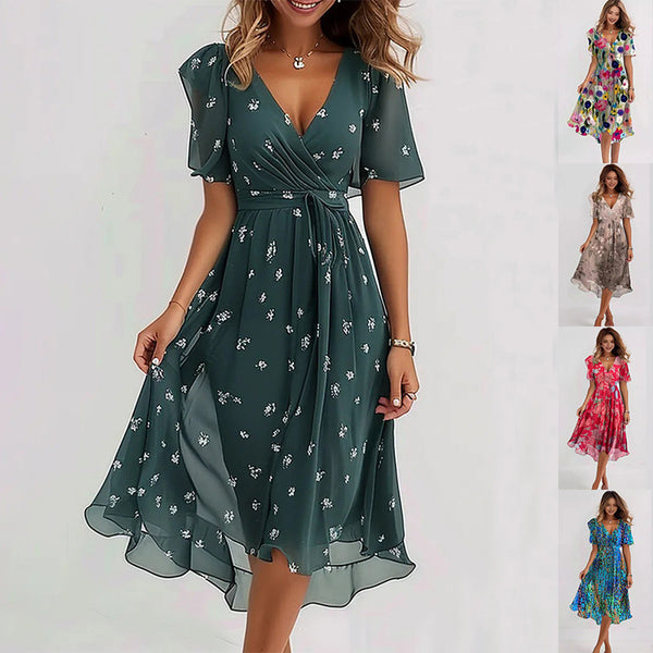 Chiffon Printed Short Sleeve Dress Summer Elegant V-neck Dresses Womens Clothing - happyshop365247