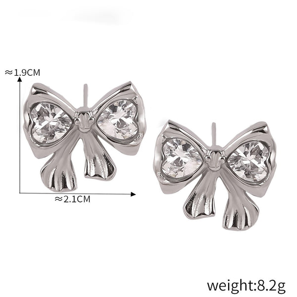 18k gold noble and light luxury bow inlaid with diamonds/heart with winding design earrings and necklace set - happyshop365247