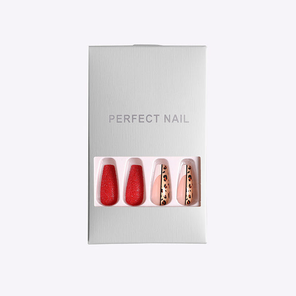 Red Color Leopard Print Ballet False Nails - happyshop365247