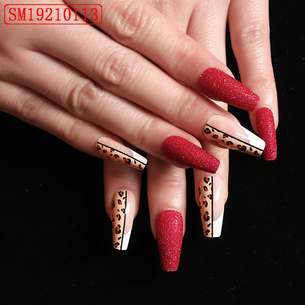 Red Color Leopard Print Ballet False Nails - happyshop365247