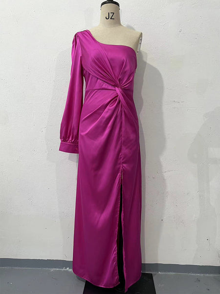 Women's One-shoulder Split Dress Ins Fashion Long-sleeved Slim Long Dresses Party Evening Clothing - happyshop365247