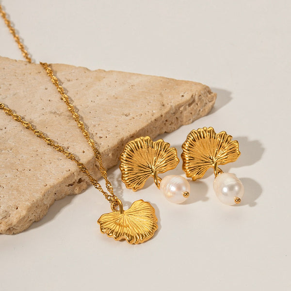 18K gold noble and elegant ginkgo with pearl design light luxury style earrings and necklace set - happyshop365247