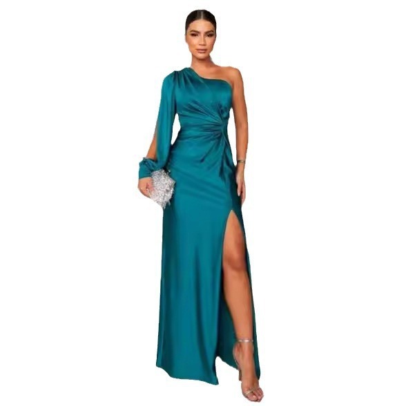 Women's One-shoulder Split Dress Ins Fashion Long-sleeved Slim Long Dresses Party Evening Clothing - happyshop365247
