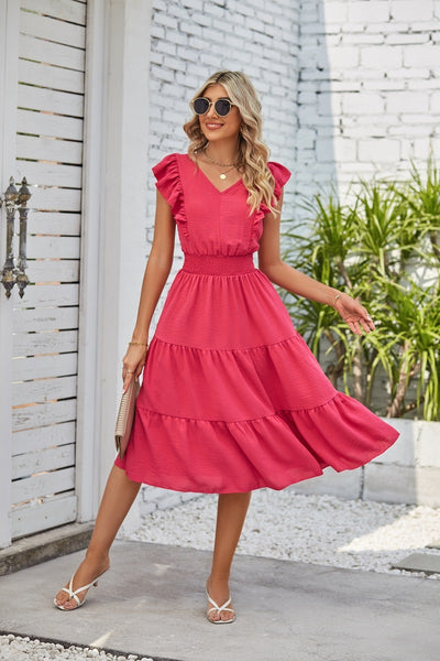 New Ruffled Sleeveless V-Neck Dress Summer Fashion Elastic Waist A-Line Dresses For Womens Clothing - happyshop365247