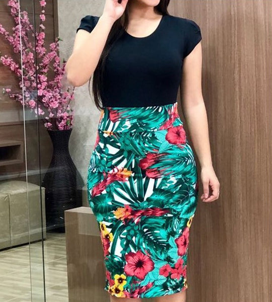 Printed Office Midi Pencil Dress Large Women Dress - happyshop365247