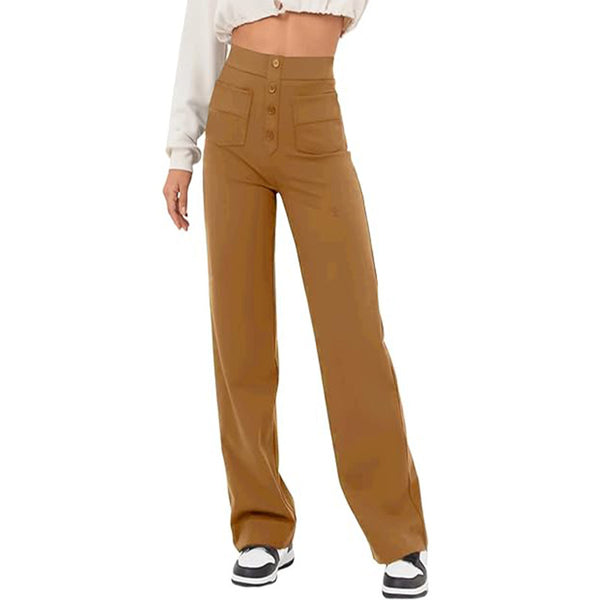 New Fall Women's Clothing High Waist Pocket Wide Leg Button Casual Baggy Straight Trousers Trousers - happyshop365247