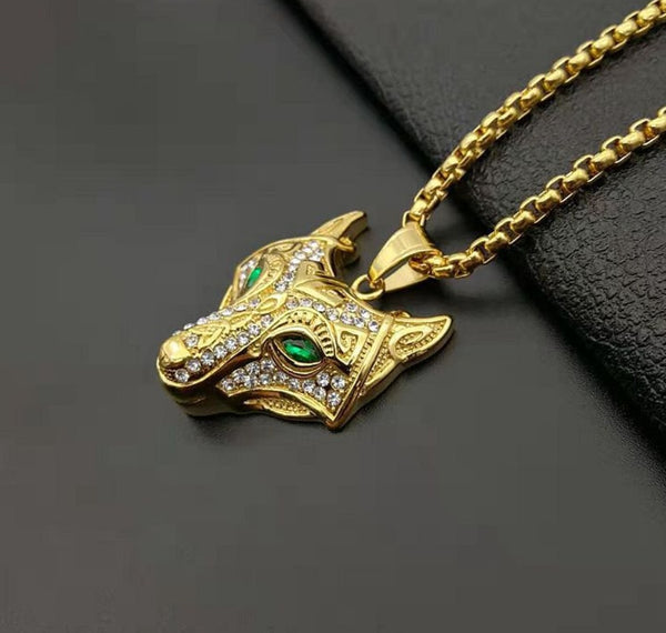 Men Stainless Steel Necklace Gold Color Viking Wolf Head Necklace Pendant With Chain Iced Out Norse Talisman Ethnic Jewelry - happyshop365247