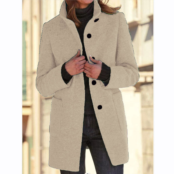 Fashion Stand Collar Woolen Coat With Pockets Fall Winter Casual Button Outwear For Women Clothing - happyshop365247
