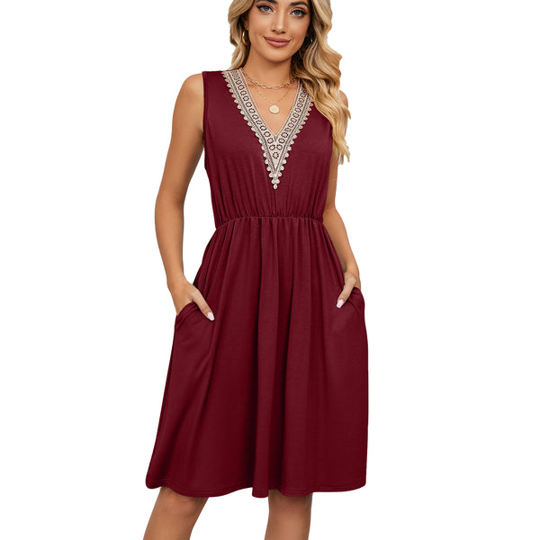 Lace Panel Sleeveless Dresss With Pocket V-neck Dresses For Women - happyshop365247