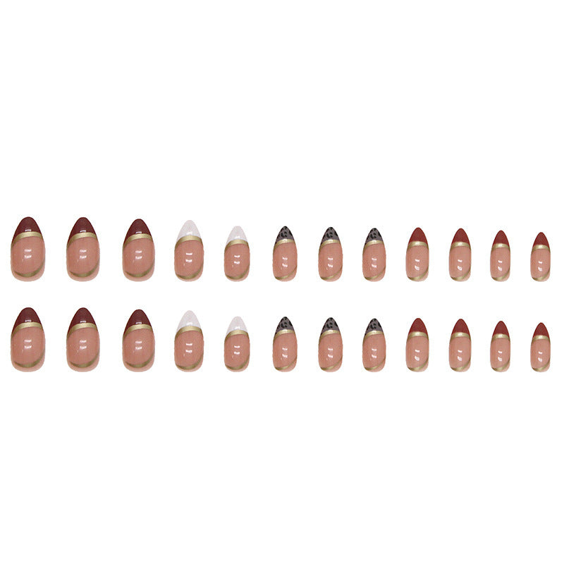 Almond Nail Shiny Gold Foil Color-blocking Leopard Print White Fake Nails - happyshop365247