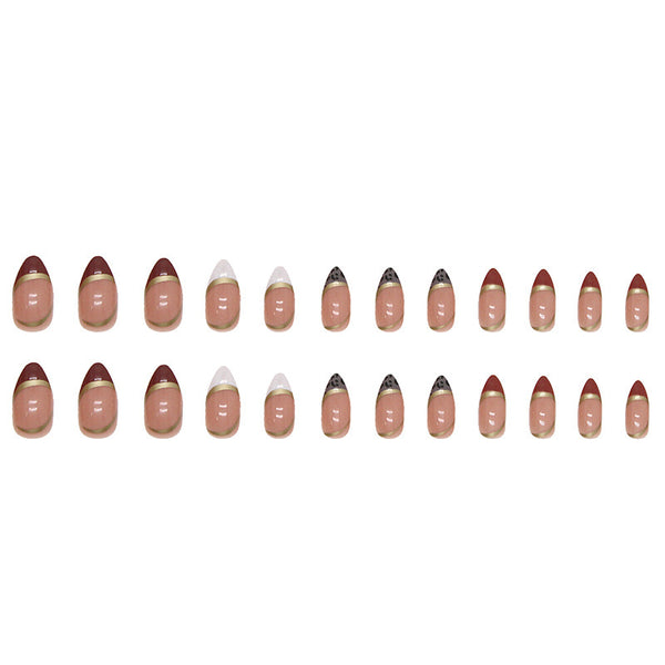 Almond Nail Shiny Gold Foil Color-blocking Leopard Print White Fake Nails - happyshop365247