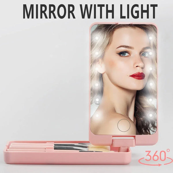 LED Folding Rotating Cosmetic Mirror Box with Brush - happyshop365247