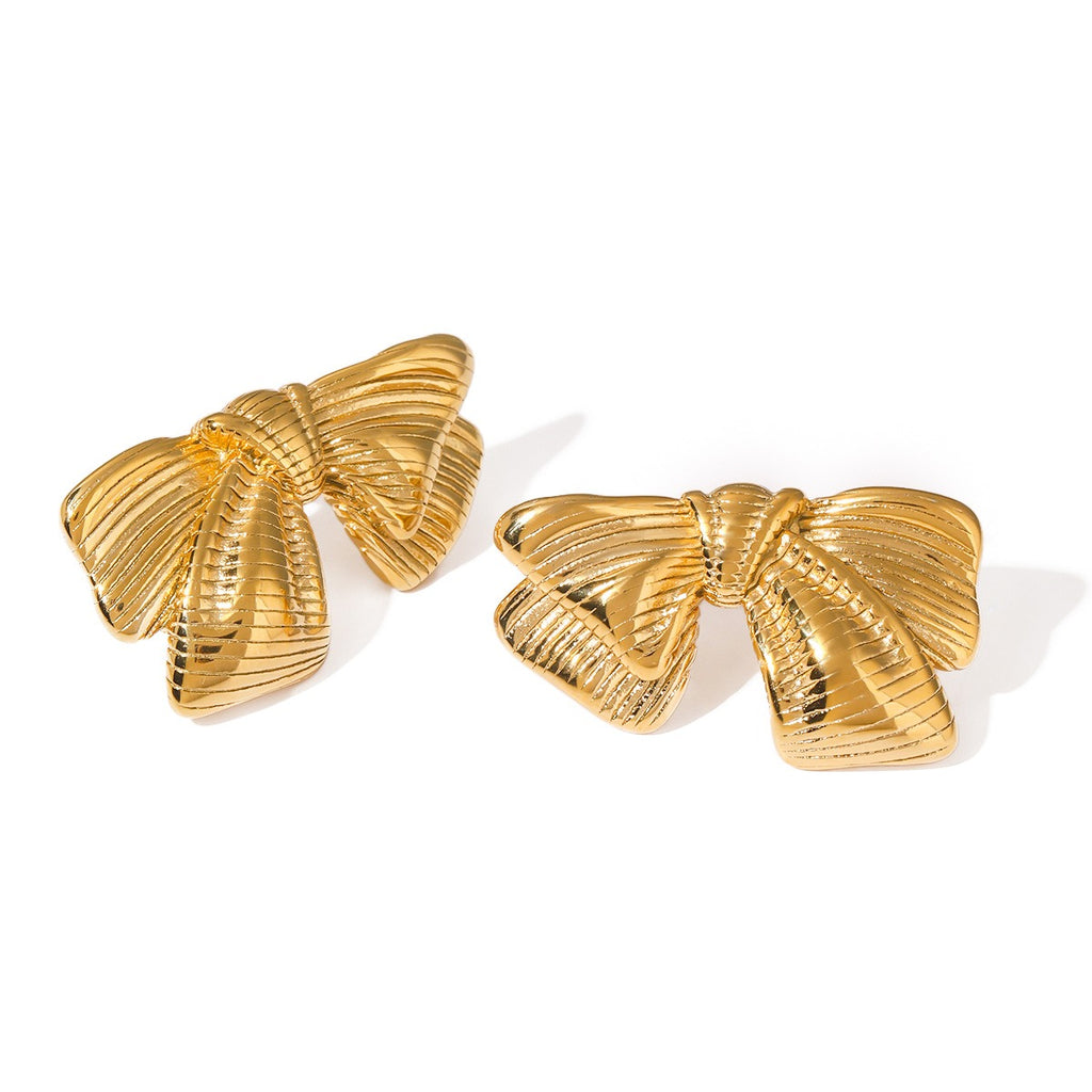 18K gold classic personality bow with striped design earrings