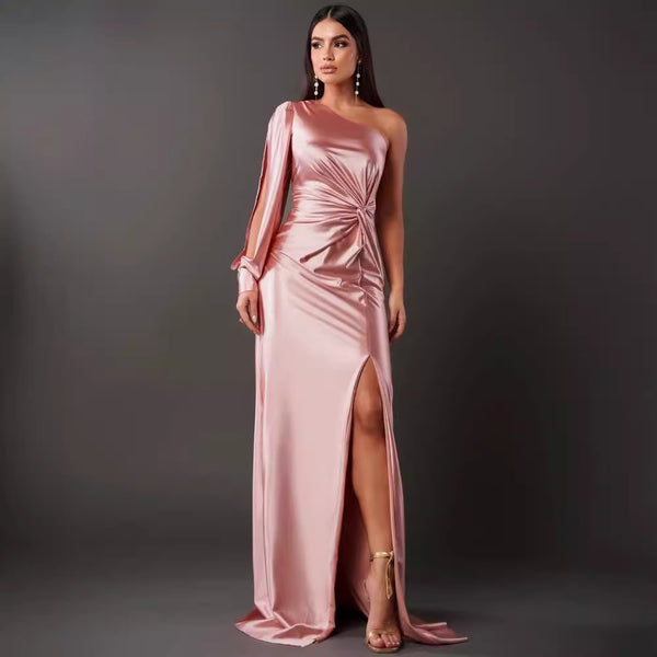Women's One-shoulder Split Dress Ins Fashion Long-sleeved Slim Long Dresses Party Evening Clothing - happyshop365247