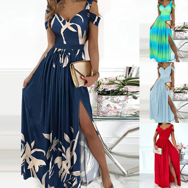 V-neck Boho Spaghetti Strap Dress Women Split Long Flowy Dresses For Party Beach - happyshop365247