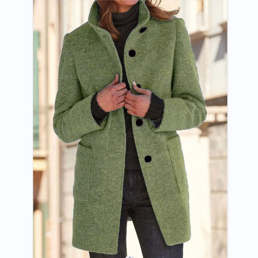 Fashion Stand Collar Woolen Coat With Pockets Fall Winter Casual Button Outwear For Women Clothing - happyshop365247