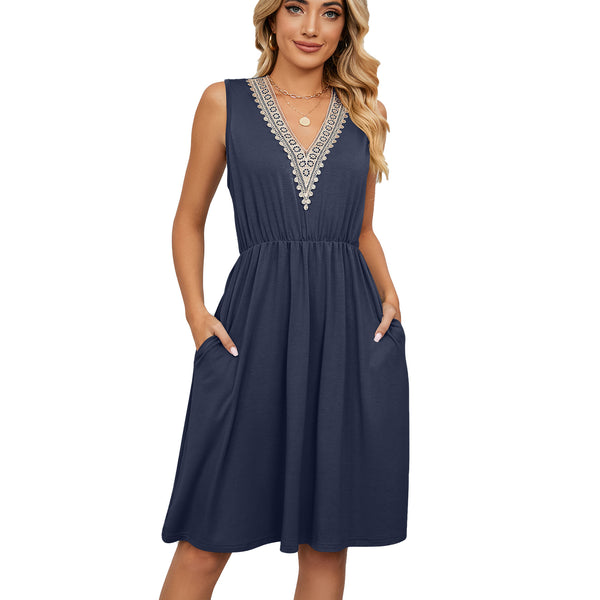 Lace Panel Sleeveless Dresss With Pocket V-neck Dresses For Women - happyshop365247