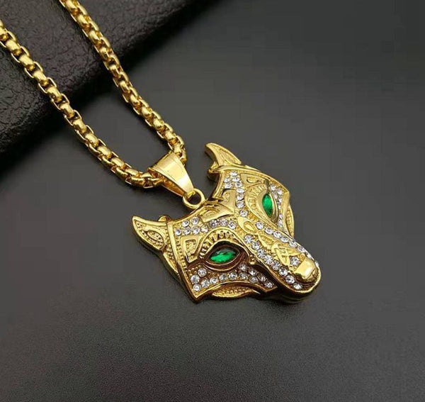 Men Stainless Steel Necklace Gold Color Viking Wolf Head Necklace Pendant With Chain Iced Out Norse Talisman Ethnic Jewelry - happyshop365247