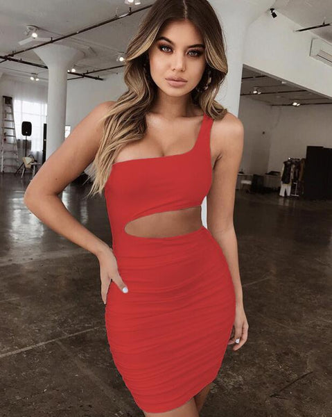 Slim One-shoulder Short Dress Sexy Fashion Hollow Mini Dresses For Women - happyshop365247