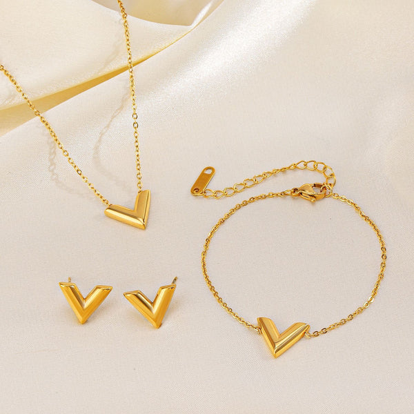 Gold-plated Stainless Steel V-shaped Jewelry Set - happyshop365247