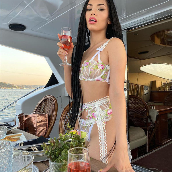 Bowknot Embroidery Retro Heavy Craft Floral Sexy Lingerie - happyshop365247