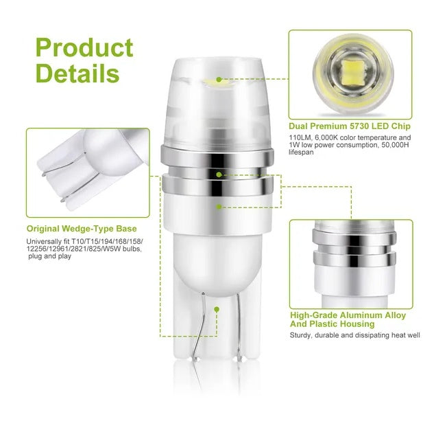 10PCS T10 LED Bulbs 194 LED Lights 12V 1W 5730 Xenon White Wedge
