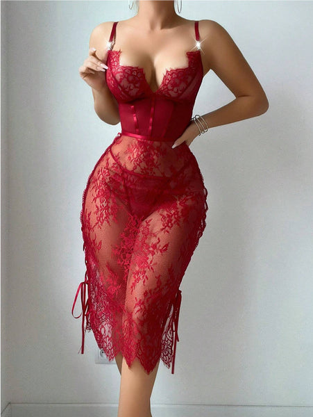 Lace Hollow Red Sexy Topless Sheath Sexy Lingerie Dress - happyshop365247
