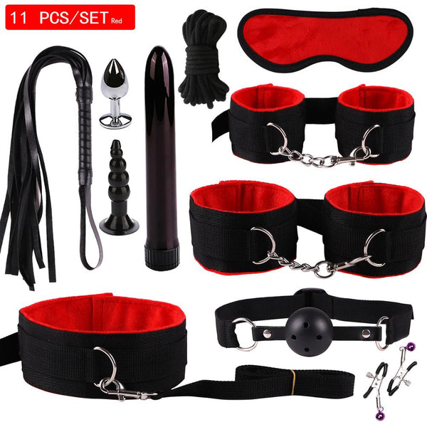 11PCS/SET Sex Toys For Couples Exotic Accessories Nylon Silicone Sex Bondage Set Lingerie Handcuffs Whip Rope Anal Vibrator - happyshop365247