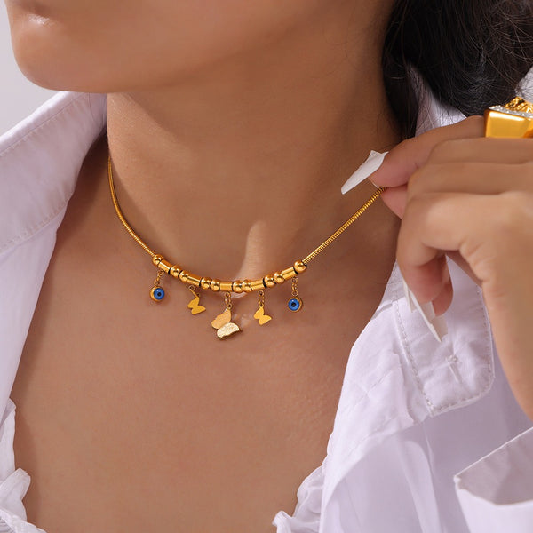 18K gold exquisite and noble butterfly/gemstone-inlaid design light luxury style necklace - happyshop365247