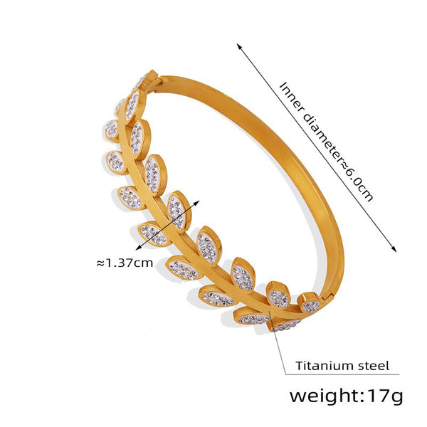 18K gold leaf-shaped diamond-studded light luxury bracelet - happyshop365247