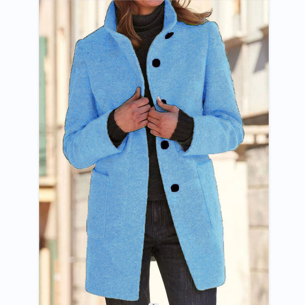 Fashion Stand Collar Woolen Coat With Pockets Fall Winter Casual Button Outwear For Women Clothing - happyshop365247