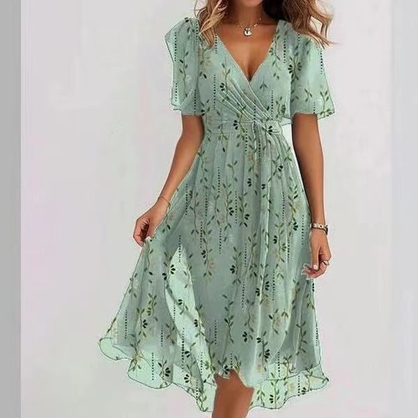 Chiffon Printed Short Sleeve Dress Summer Elegant V-neck Dresses Womens Clothing - happyshop365247
