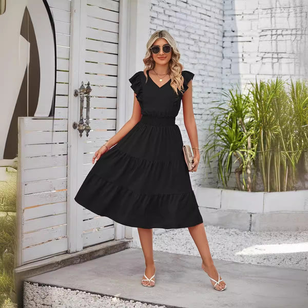 New Ruffled Sleeveless V-Neck Dress Summer Fashion Elastic Waist A-Line Dresses For Womens Clothing - happyshop365247