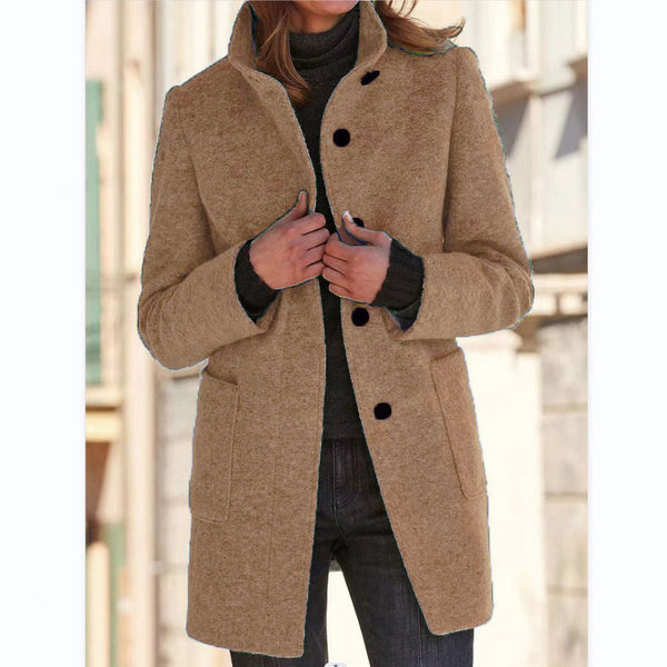 Fashion Stand Collar Woolen Coat With Pockets Fall Winter Casual Button Outwear For Women Clothing - happyshop365247