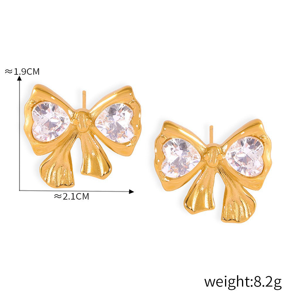 18k gold noble and light luxury bow inlaid with diamonds/heart with winding design earrings and necklace set