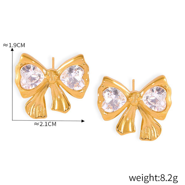 18k gold noble and light luxury bow inlaid with diamonds/heart with winding design earrings and necklace set - happyshop365247