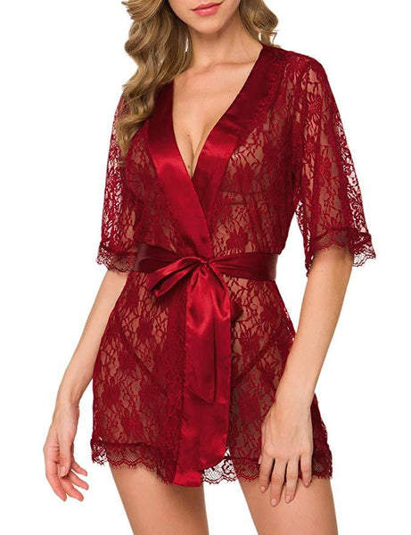 Lingerie Women Lace Hollow-out Robe Suits Pajamas - happyshop365247