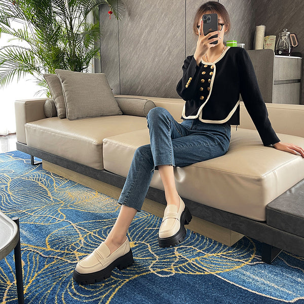 139-5 all leather shoes for women, British style, thick-soled loafers on one foot, fat feet, large-sized women's shoes 41-43 - happyshop365247