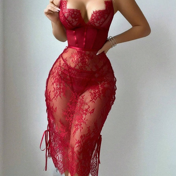 Lace Hollow Red Sexy Topless Sheath Sexy Lingerie Dress - happyshop365247