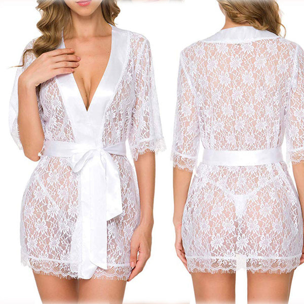Lingerie Women Lace Hollow-out Robe Suits Pajamas - happyshop365247