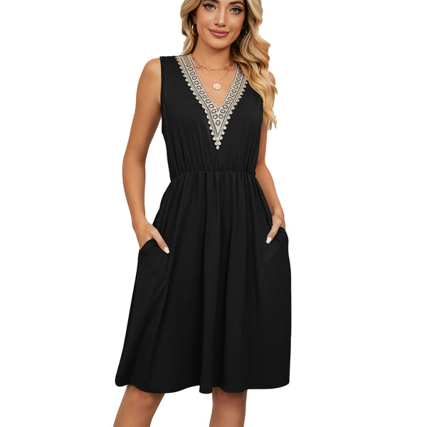 Lace Panel Sleeveless Dresss With Pocket V-neck Dresses For Women - happyshop365247