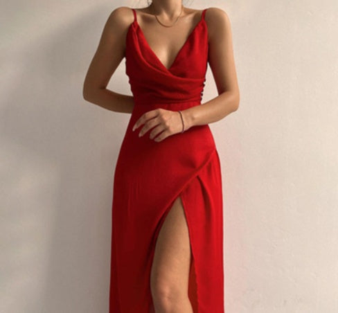 V-neck Slit Sling Dress Summer Fashion Sexy Slim Suspender Dresses For Women Clothing - happyshop365247