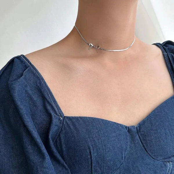 Fashion Jewelry New Trendy Bowknot Stainless Steel Gold Plated Snake Chain Necklace For Women Elegant Niche Design Charms Choker Jewelry Gifts - happyshop365247