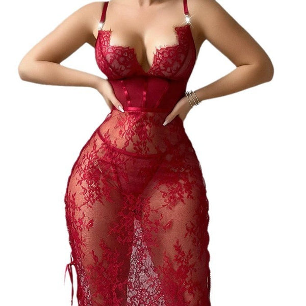 Lace Hollow Red Sexy Topless Sheath Sexy Lingerie Dress - happyshop365247