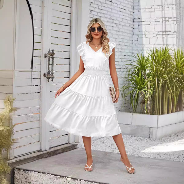 New Ruffled Sleeveless V-Neck Dress Summer Fashion Elastic Waist A-Line Dresses For Womens Clothing - happyshop365247