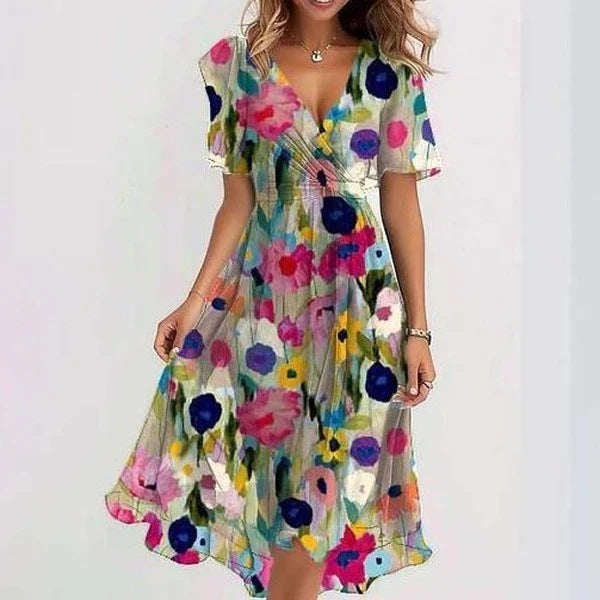 Chiffon Printed Short Sleeve Dress Summer Elegant V-neck Dresses Womens Clothing - happyshop365247