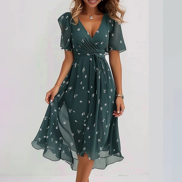 Chiffon Printed Short Sleeve Dress Summer Elegant V-neck Dresses Womens Clothing - happyshop365247